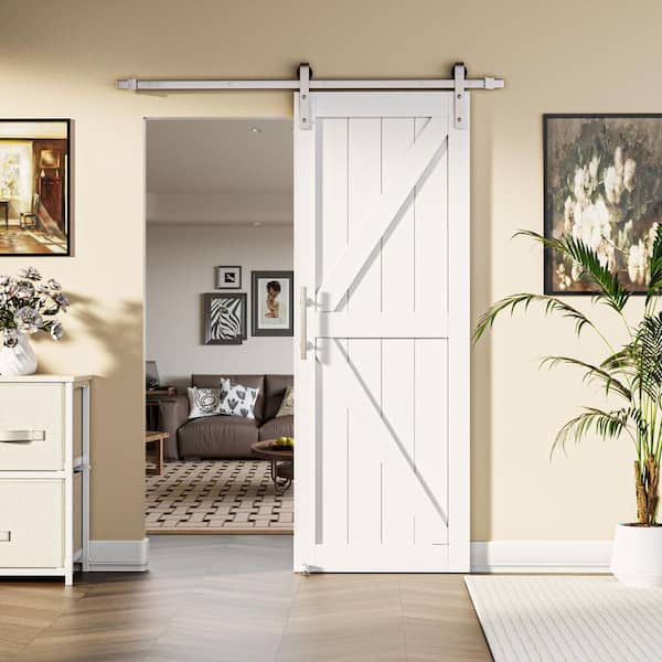 ARK DESIGN 30 in. x 84 in. Paneled White Primed MDF British K-Shape MDF Sliding Barn Door with Hardware Kit Nickel-Plated