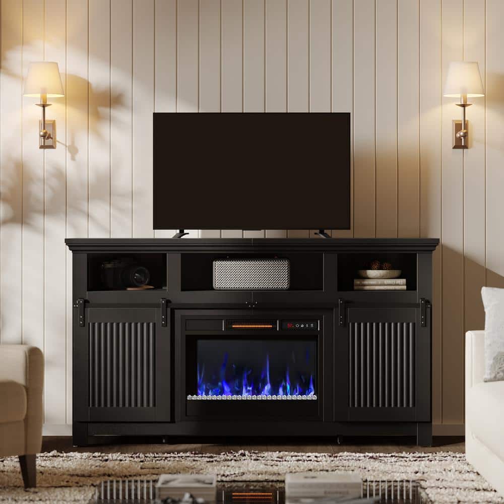 Farmhouse 61 in. Freestanding Electric Fireplace TV Stand fits TV up to 65 in. with Remote Control in Black -  Bestier, L103515FP-BK-3