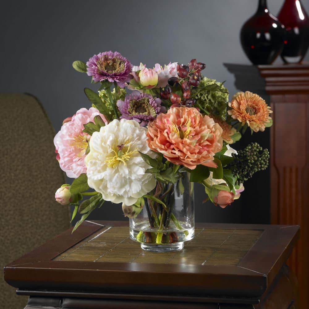 Elegant Mixed Peony Silk Arrangement in Glass Vase - 13in
