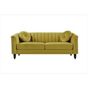 Hills 75.2 in. Rolled Arm Velvet Straight 3-Seater Sofa in Yellow-Green