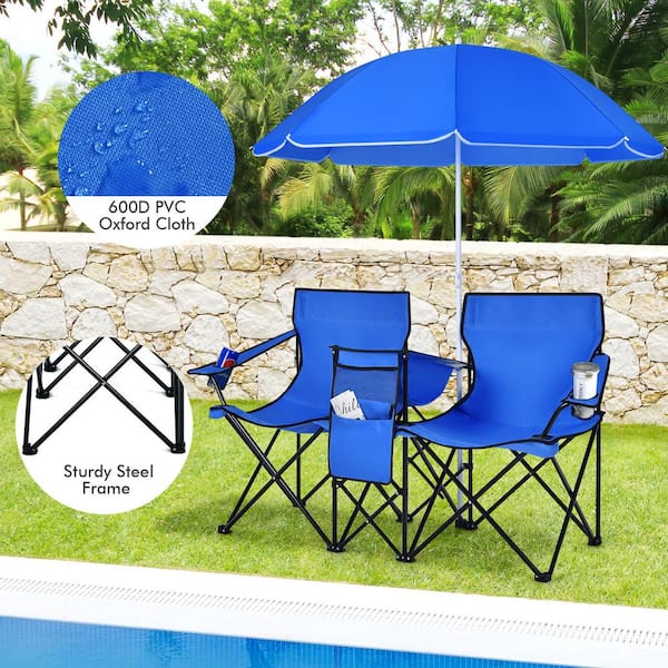 Portable Folding Camping Chair Fishing Chairs Double 2-Seat W/Removable  Umbrella Table Cooler Beach Camping Chair Blue