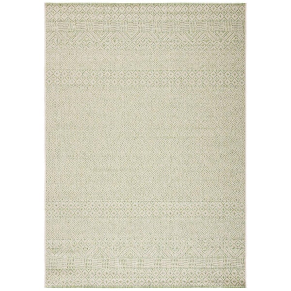 SAFAVIEH Courtyard Beige/Green 4 ft. x 6 ft. Tribal Striped Diamonds Indoor/Outdoor Patio  Area Rug