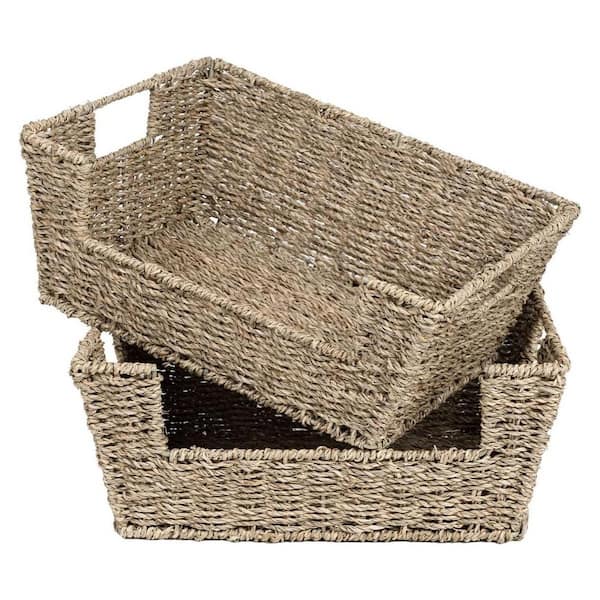 Unbranded Beige 13.5 in. x 5 in. Seagrass Decorative Basket Set of 2 with Handles