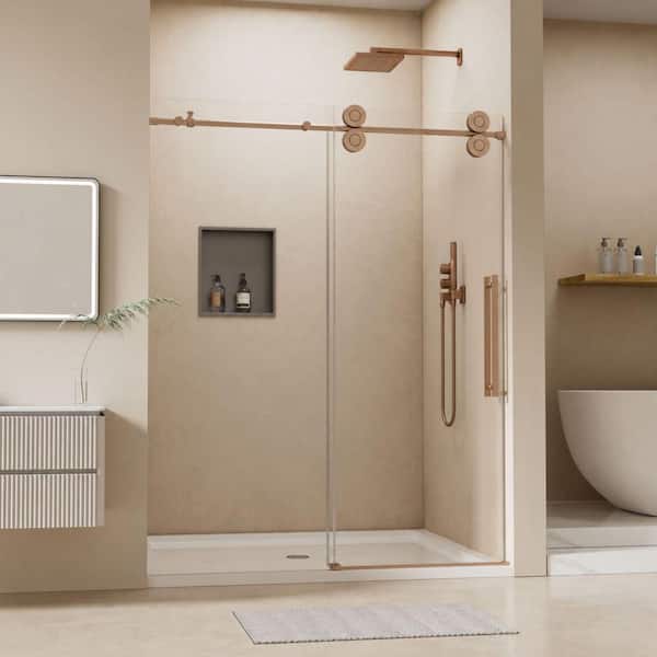 56 in.-60 in. W x 76 in. H Single Sliding Frameless Shower Door in Oil Rubbed Bronze with 5/16 in. Tempered Clear Glass