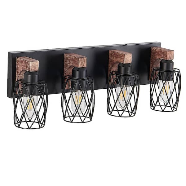 24 in. 4-Light Black Vanity Light with Wood Accents and Drum Metal Cage Shade