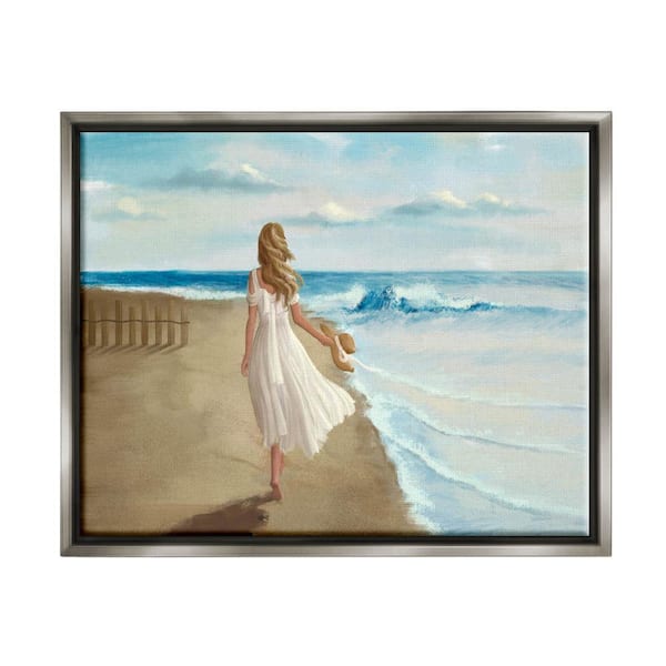 Walk On The Beach Blue Ocean Painting by Ziwei Li Floater Frame Typography Wall Art Print 21 in. x 17 in.