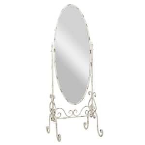 25 in. x 69 in. White Metal Distressed Oval Scroll Floor Mirror with Stand