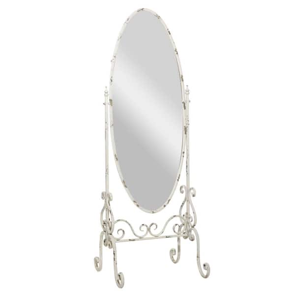 Litton Lane 25 in. x 69 in. White Metal Distressed Oval Scroll Floor Mirror with Stand