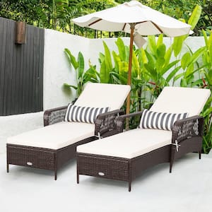Rattan Patio Lounge Chair Chaise with Adjustable Backrest white Cushioned and Pillow White (Set of 2)
