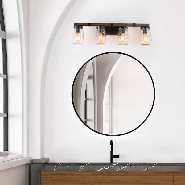 29 in. 4-Light Rust Black Farmhouse Bathroom Vanity Light with Painted Bronze Wood Grain and Mason Jar Glass Shade