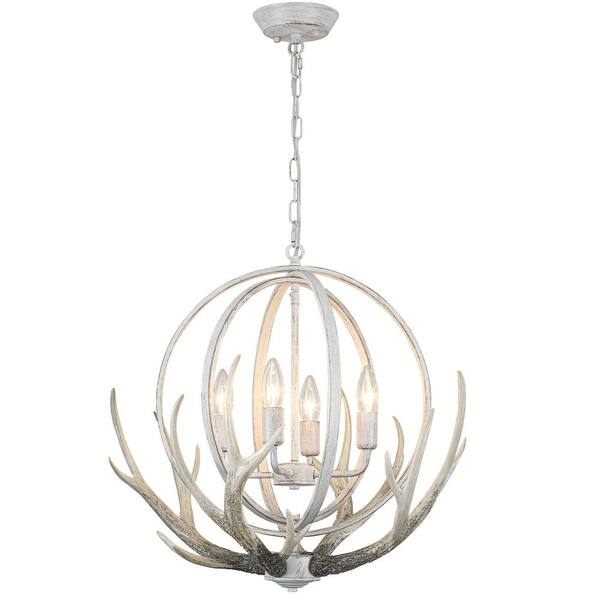 4 light White Rustic Chandelier With Resin 4 Antlers And Metal Globe Shade for Kitchen Island with no bulbs included