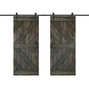Triple KL 60 in. x 84 in. Fully Set Up Ebony Finished Pine Wood Sliding Barn Door with Hardware Kit