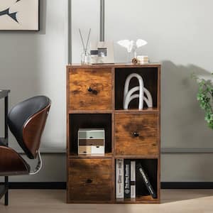 24 in. Rustic Brown 35.5 in. H 6-Cube Wooden Bookcase Storage Organizer with 3 Open Cubes 3 Drawers