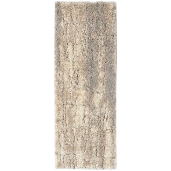 Luxurious Shag Ivory Beige 2 ft. x 6 ft. Abstract Contemporary Runner Area Rug