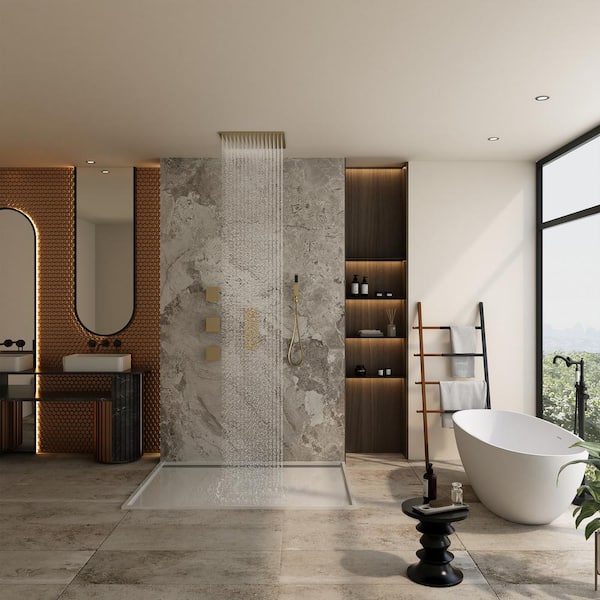 Luxury Thermostatic 3-Spray Patterns 20 in. Ceiling Mount Rain Dual Shower Heads with 1.8 GPM 3-Jet in Brushed Gold
