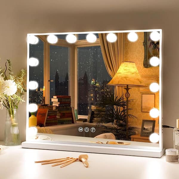 Unbranded 22.8 in. W x 18.1 in. H Large Rectangular Framed Dimmable LED Tabletop Mounted Bathroom Vanity Mirror in White