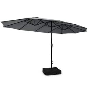 15 ft. Double-Sided Twin Market Patio Umbrella in Gray with Crank and Base