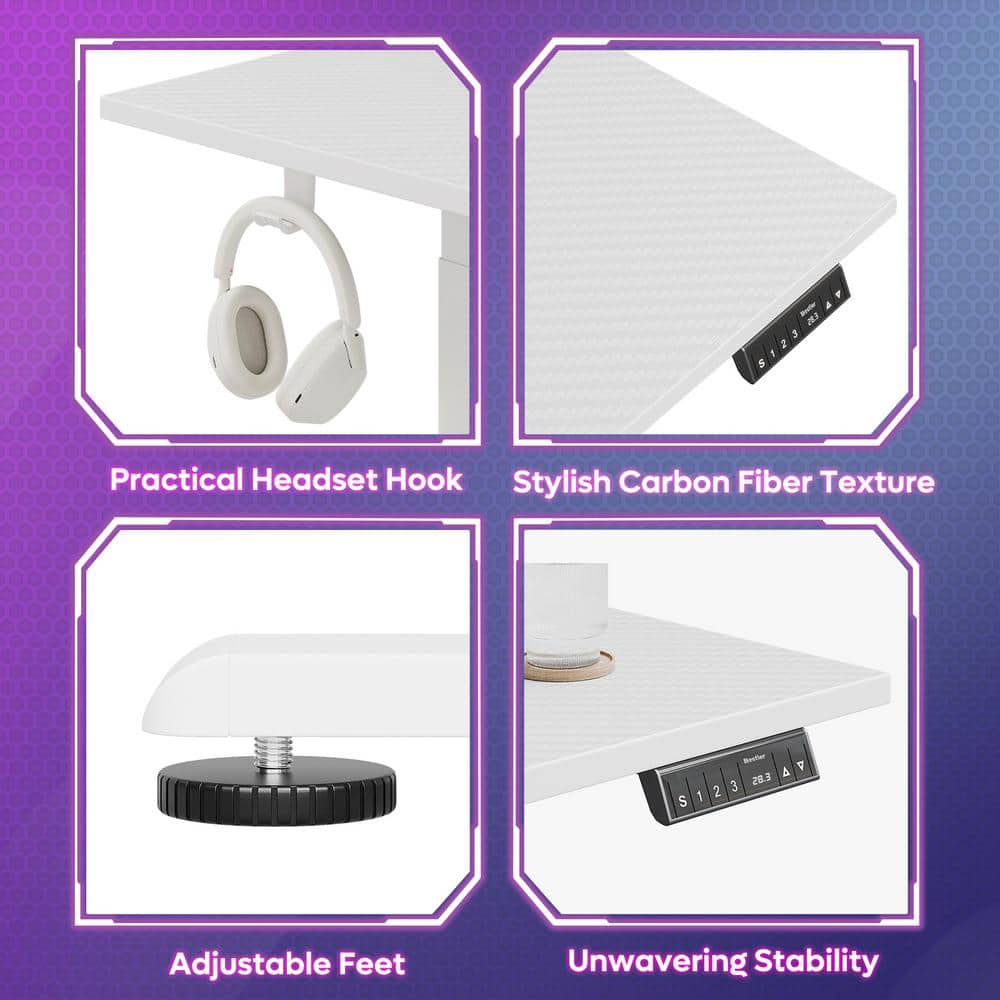 White Carbon Fiber L-Shaped Adjustable Standing Desk with USB Port