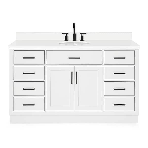 Hepburn 61 in. W x 22 in. D x 36 in. H Bath Vanity in White with Pure White Quartz Vanity Top with White Basin