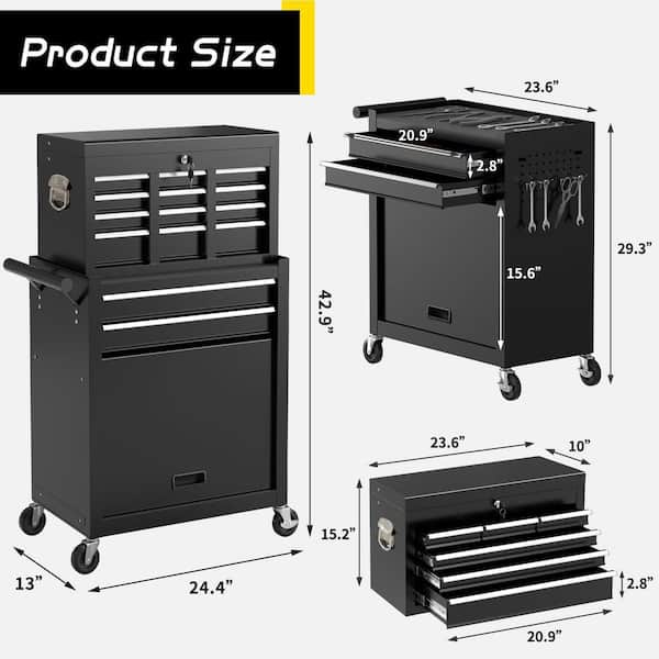 Heavy Duty 24 in. W x 13 in. D 8-Drawer Black Alloy Steel Rolling Tool Cabinet