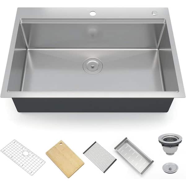 Stainless Steel Undermount Kitchen Sink, Single Bowl with Drainboard, Cutting Board, Rack, Colander, Strainer, Bumpers