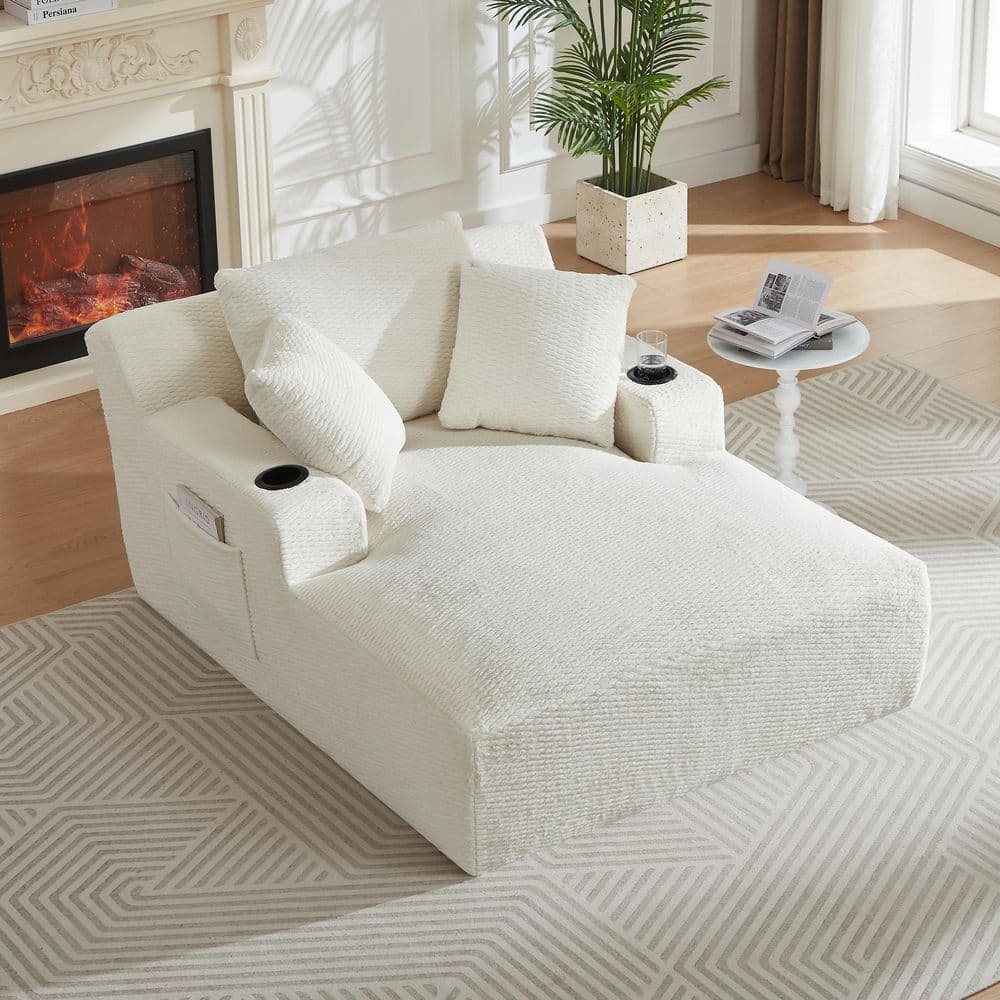Seafuloy Beige Suede Accent Arm Chair, Chaise Lounge with Holder