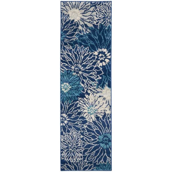 Nourison Passion Navy/Ivory 2 ft. x 6 ft. Floral Contemporary Kitchen Runner Area Rug