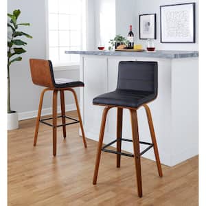 Vasari 29.25 in. Black Faux Leather, Walnut Wood and Black Metal Fixed-Height Bar Stool (Set of 2)