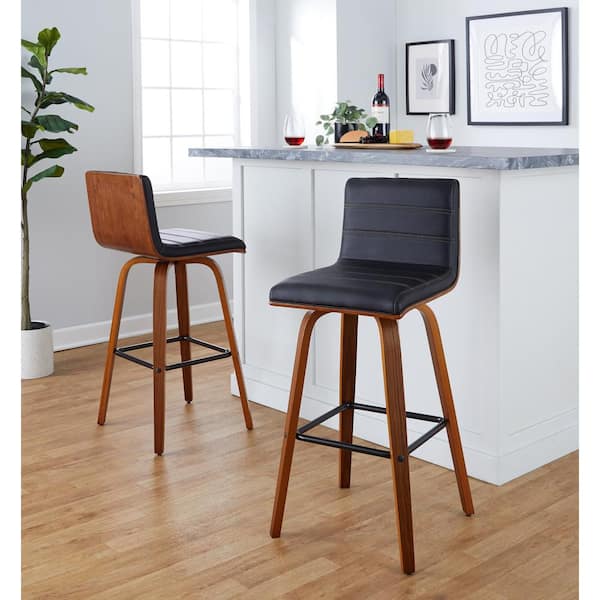 Lumisource Vasari 29.25 in. Black Faux Leather, Walnut Wood and Black Metal Fixed-Height Bar Stool (Set of 2)