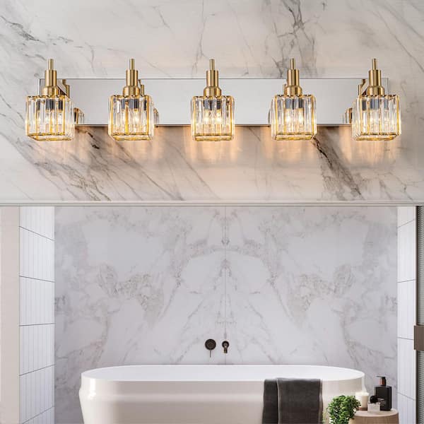 Orillia 35.4 in. 5-Light Modern Gold and Chrome Bathroom Vanity Light with Crystal Shades