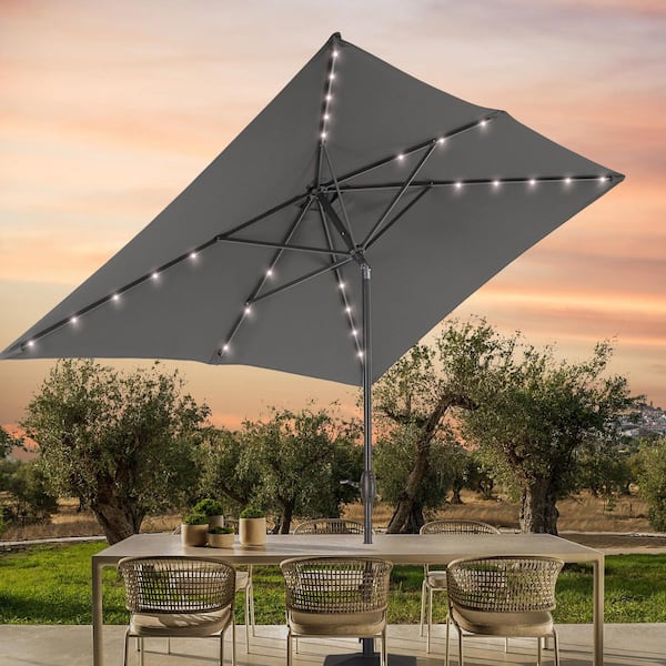 Sonkuki 6 ft. x 9 ft. Aluminum Pole Outdoor Market Umbrella Solar LED Lighted Rectangular Patio Umbrella, Gray
