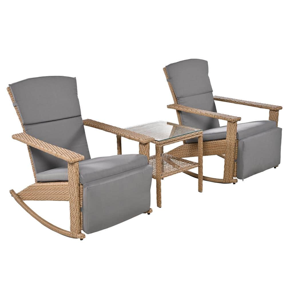Adjustable Natural Wicker Outdoor Rocking Chair with Gray Cushions, Side Ta
