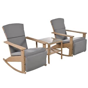 Adjustable Natural Wicker Outdoor Rocking Chair with Gray Cushions, Side Table, Set of 3 for Pool and Backyard