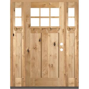 64 in. x 80 in. Craftsman Knotty Alder 2 Panel 6-Lite DS Unfinished Left-Hand Inswing Prehung Front Door with Sidelites