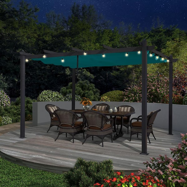 10 ft. x 12 ft. Gray Aluminum Frame Morden Pergola with Blue Retractable Sun Shade Canopy and String Lights for Garden