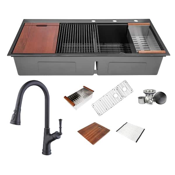 eModernDecor Matte Black 16-Gauge Stainless Steel 48 in. Double Bowl Drop-In Workstation Kitchen Sink Combo with Faucet