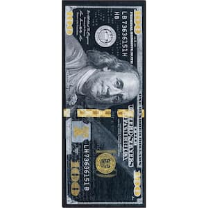 Money Dollar Black Gold 2 ft. x 5 ft. Front Novelty Printed Runner Area Rug