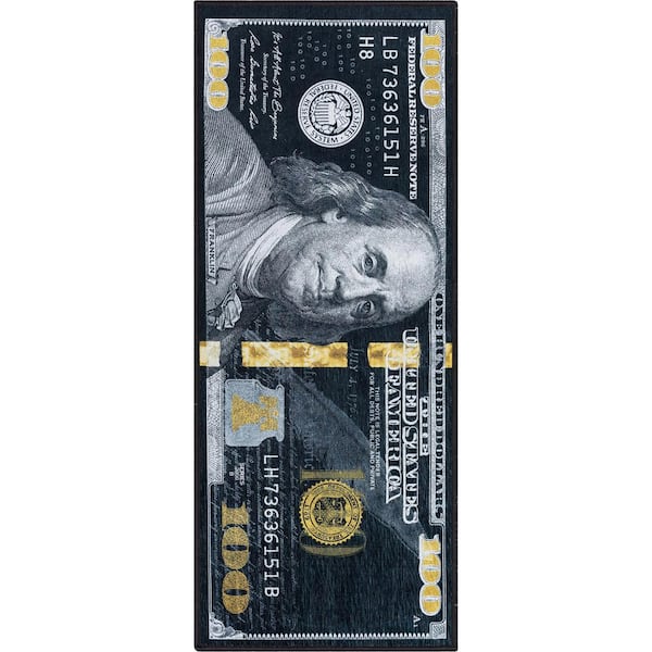 Well Woven Money Dollar Black Gold 2 ft. x 5 ft. Front Novelty Printed Runner Area Rug