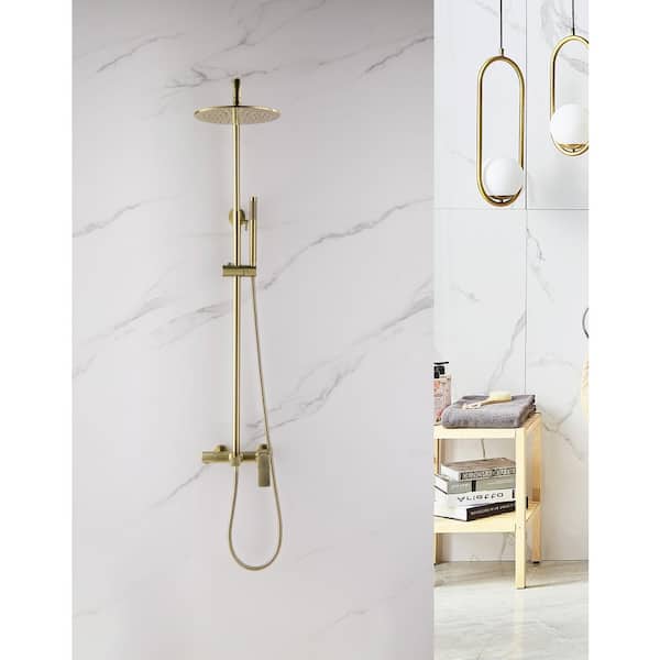 3-Spray Dual Shower Head Wall Mount Fixed and Handheld Shower Head with Hand Shower Flow Rate 2.5 GPM in Brushed Gold