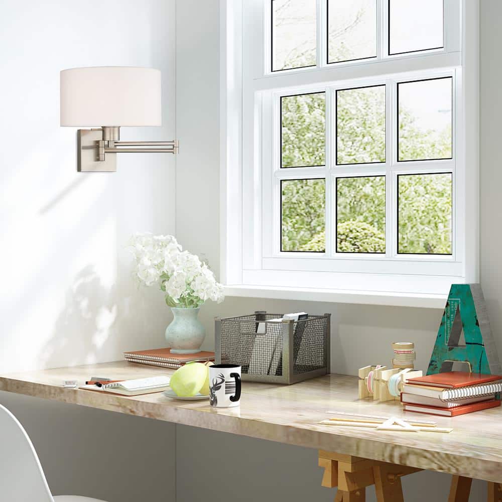 Brushed Nickel Swing Arm Wall Lamp with Off-White Fabric Shade