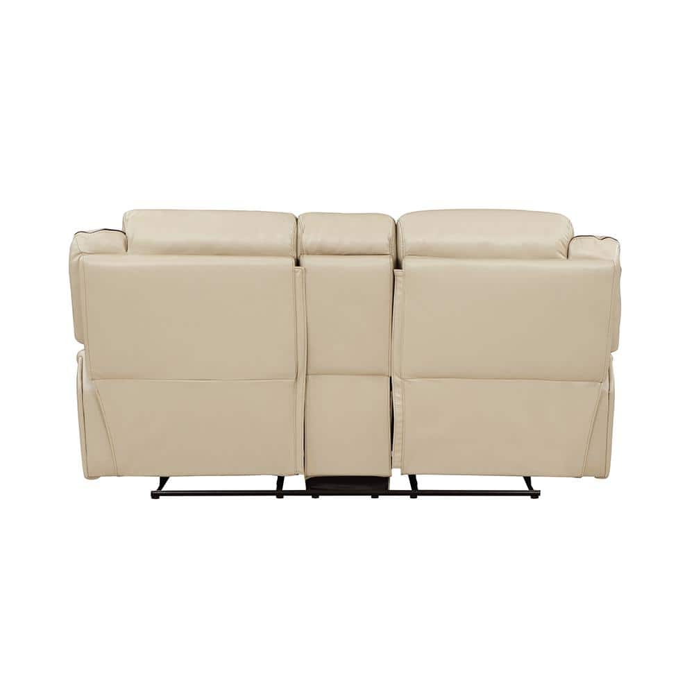 Beige Faux Leather Reclining Loveseat with Cup Holder