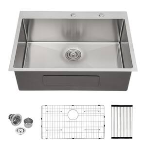 33 in. Drop-In Single Bowl 16-Gauge Brushed Stainless Steel R10 Round Corner Kitchen Sink with Bottom Grid