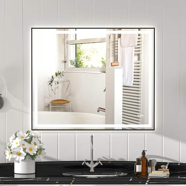 WOODSAM 48 in. W x 40 in. H Rectangular Framed LED Anti-Fog Wall Bathroom Vanity Mirror, Backlit, and Front Light