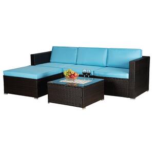 5-Piece Brown Wicker Patio Conversation Set with Blue Cushions