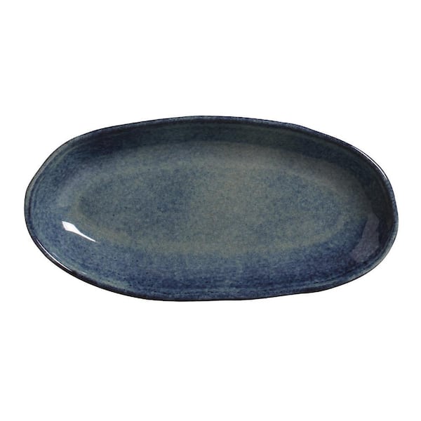 12.59 in. Denim Dark Blue Stoneware Deep Oval Platter Large Organic (Set of 4)