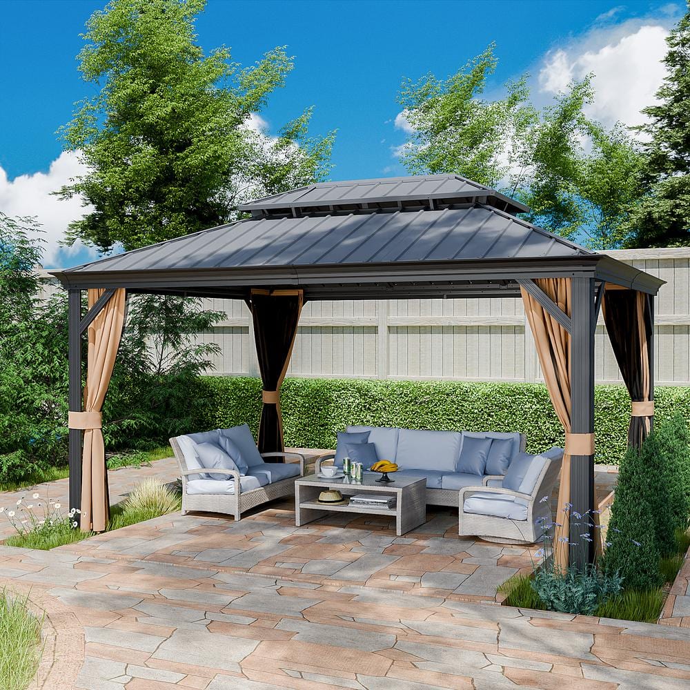 Gray 12x16ft Hardtop Gazebo with Nettings and Curtains
