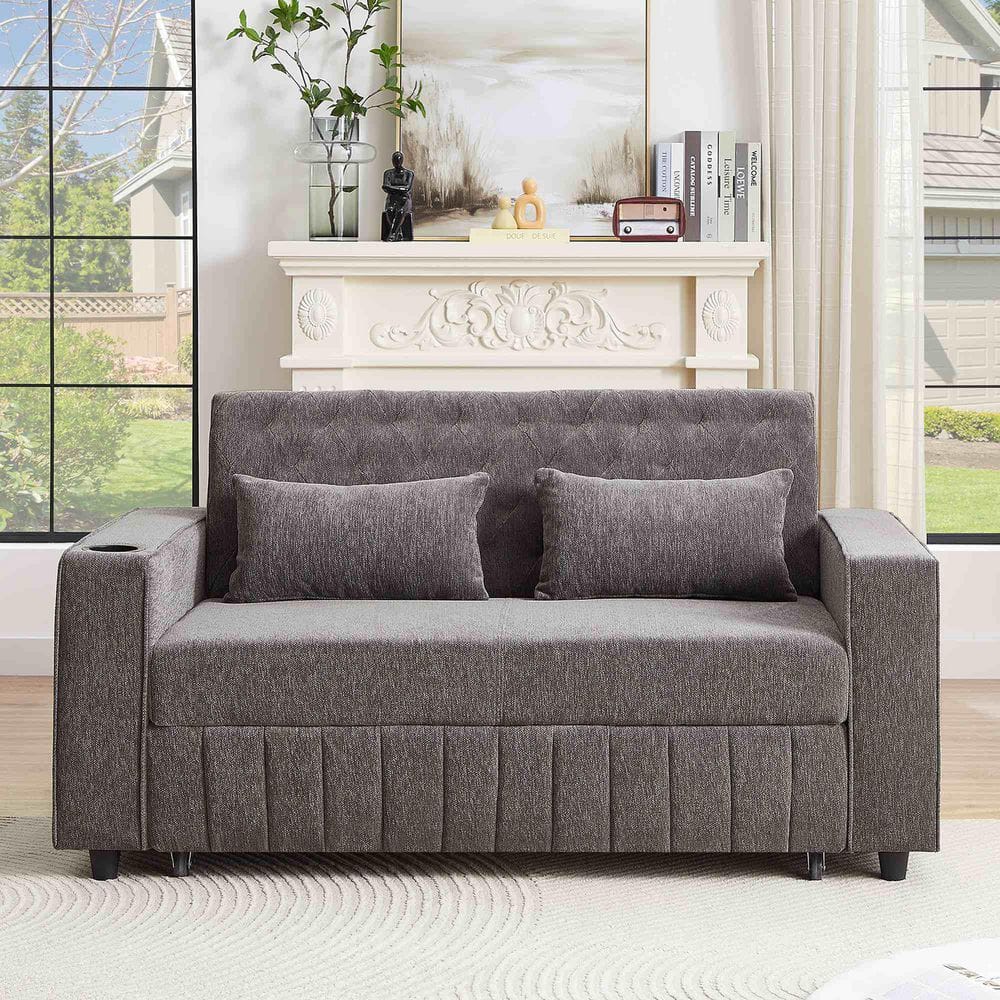 61.41 in. Square Arm Chenille Rectangle with Adjustable Backrest Sofa in Grey