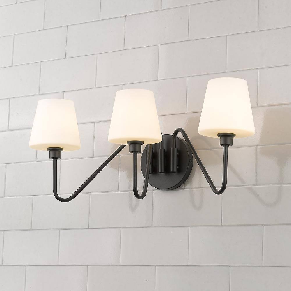 Kennedy Black Dimmable 3-Light Bath Vanity with Opal Glass Shades