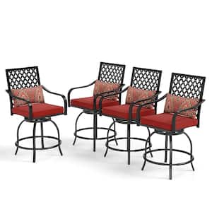 Swivel Metal Outdoor Bar Stool with Red Cushion (4-Pack)