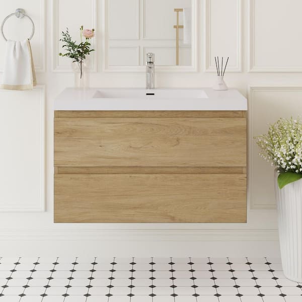 Abruzzo Angela 36 in. W x 18.7 in. D x 20.5 in. H Wall Mounted Floating Vanity Cabinet in Natural Oak with Glossy White Sink